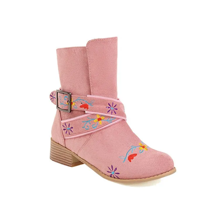 Women's Embroidery Printing Low Heel Mid Calf Boots