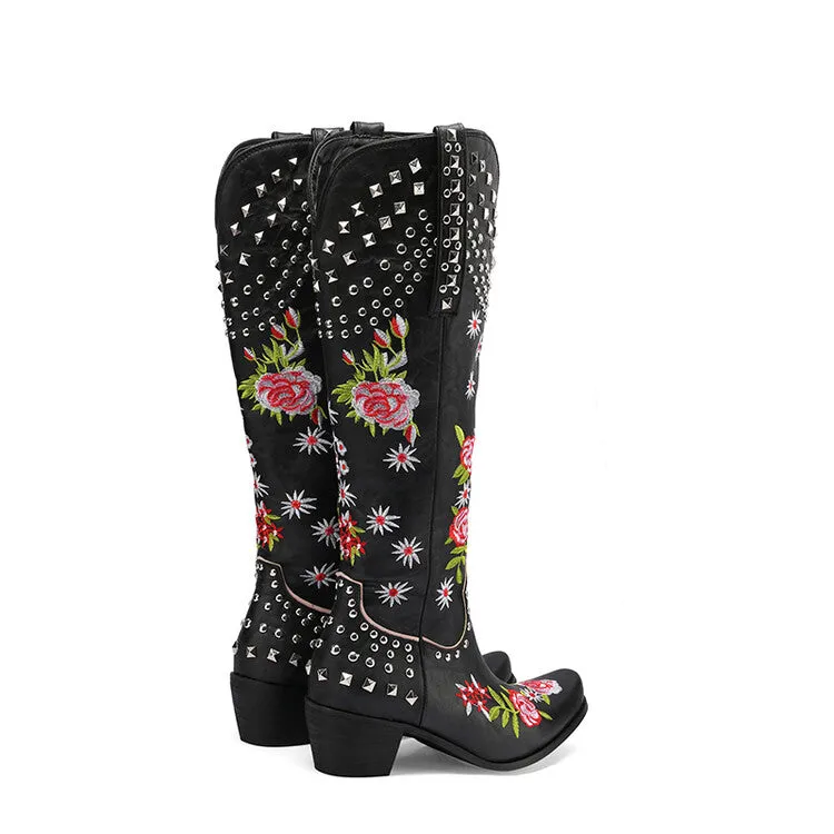 Women's Embroidery Rivets Puppy Heel Cowboy Knee High Boots