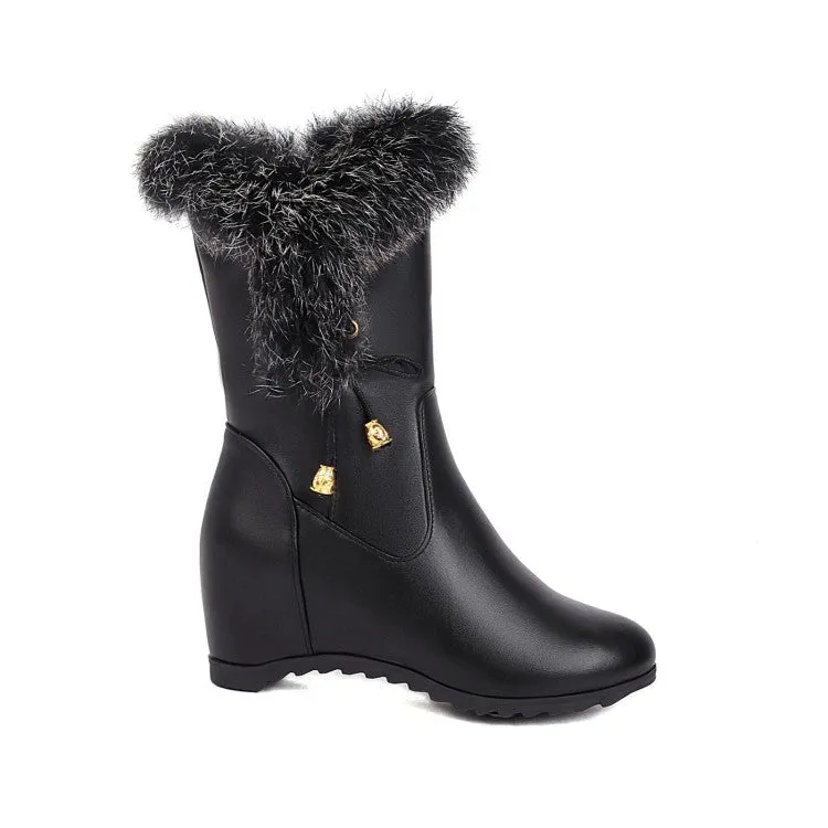 Women's Pu Leather Round Toe Fur Side Zippers Inside Heighten Wedge Heel Mid Calf Boots