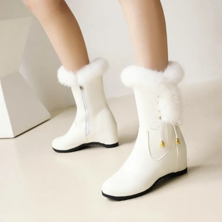 Women's Pu Leather Round Toe Fur Side Zippers Inside Heighten Wedge Heel Mid Calf Boots