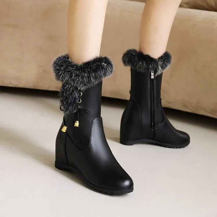 Women's Pu Leather Round Toe Fur Side Zippers Inside Heighten Wedge Heel Mid Calf Boots