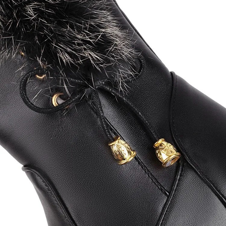 Women's Pu Leather Round Toe Fur Side Zippers Inside Heighten Wedge Heel Mid Calf Boots