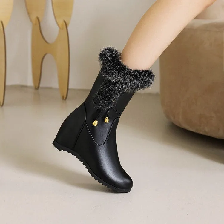 Women's Pu Leather Round Toe Fur Side Zippers Inside Heighten Wedge Heel Mid Calf Boots