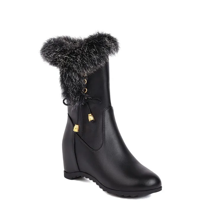 Women's Pu Leather Round Toe Fur Side Zippers Inside Heighten Wedge Heel Mid Calf Boots