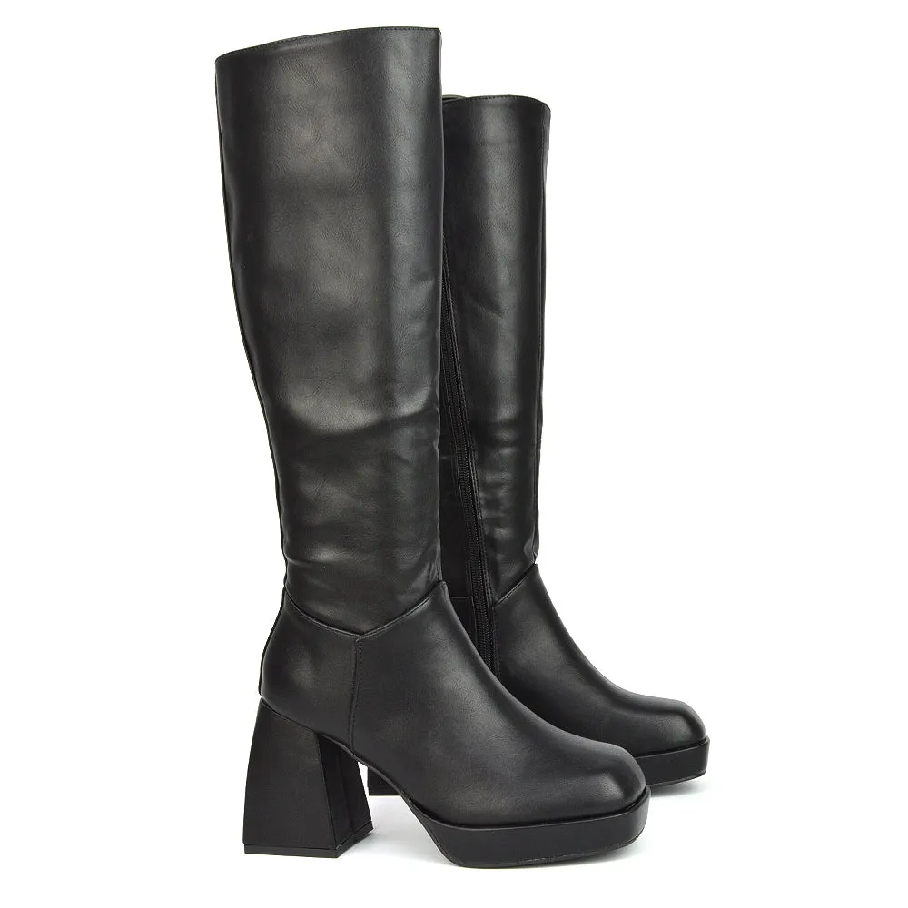 Wren Knee High Boots With Platform Chunky Flared Block Heel In Black Synthetic Leather