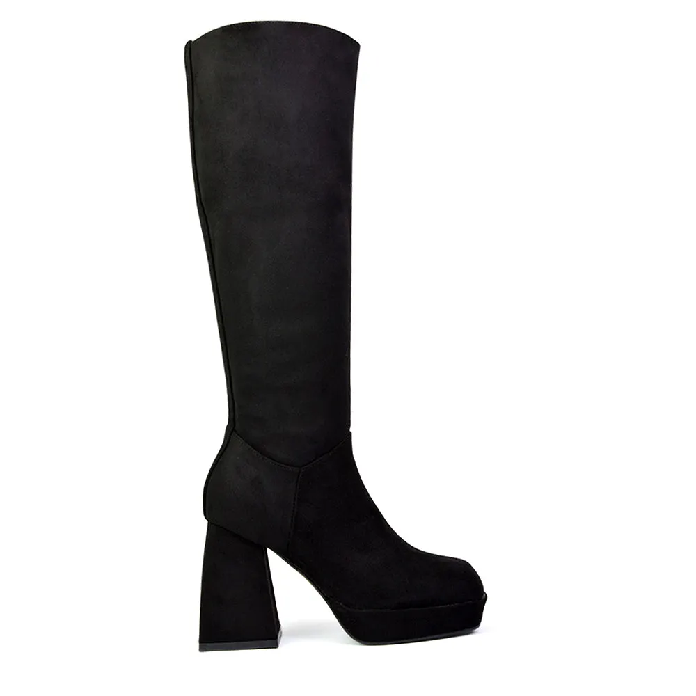 Wren Knee High Boots With Platform Chunky Flared Block Heel In Black Synthetic Leather