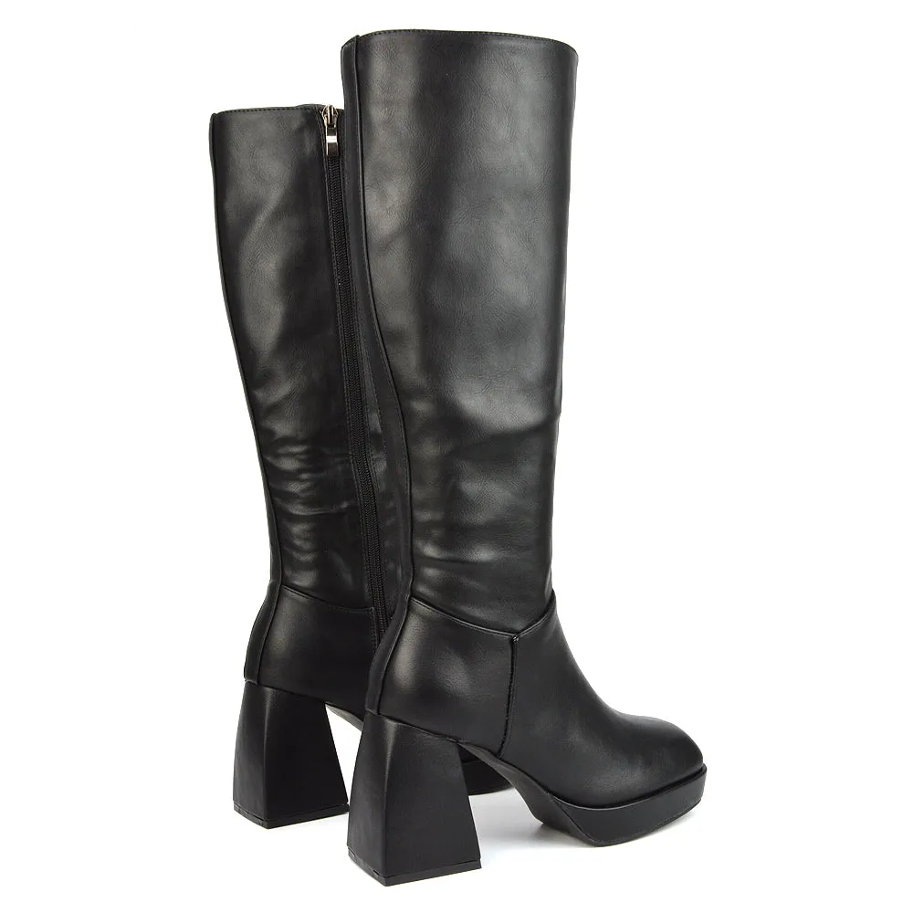 Wren Knee High Boots With Platform Chunky Flared Block Heel In Black Synthetic Leather