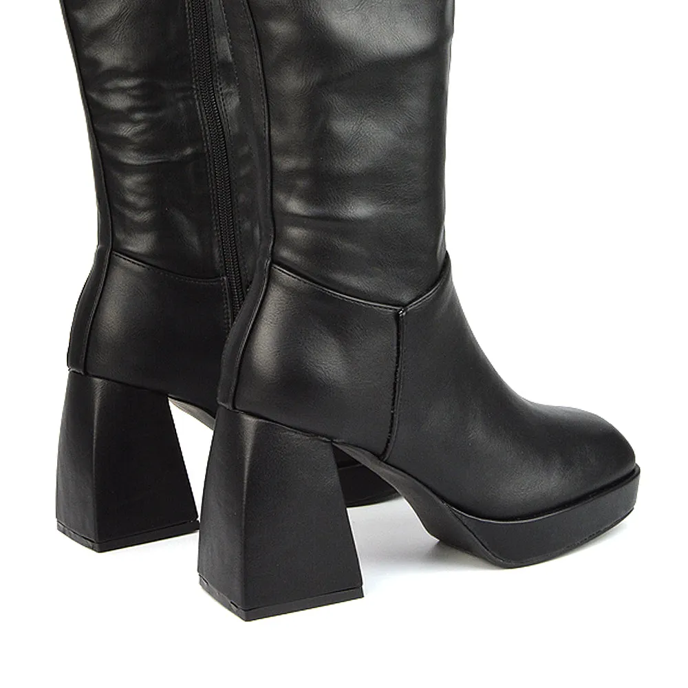 Wren Knee High Boots With Platform Chunky Flared Block Heel In Black Synthetic Leather