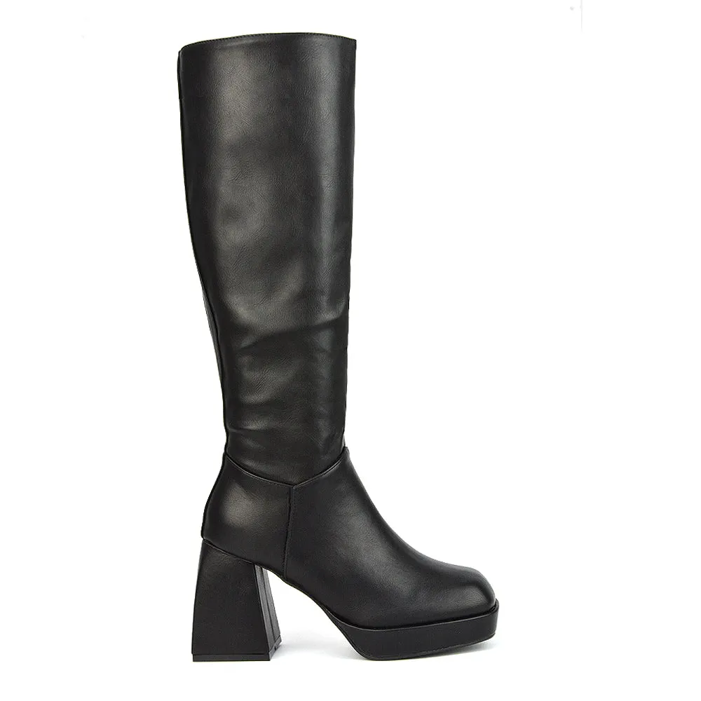 Wren Knee High Boots With Platform Chunky Flared Block Heel In Black Synthetic Leather