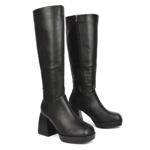 Wren Knee High Boots With Platform Chunky Flared Block Heel In Black Synthetic Leather