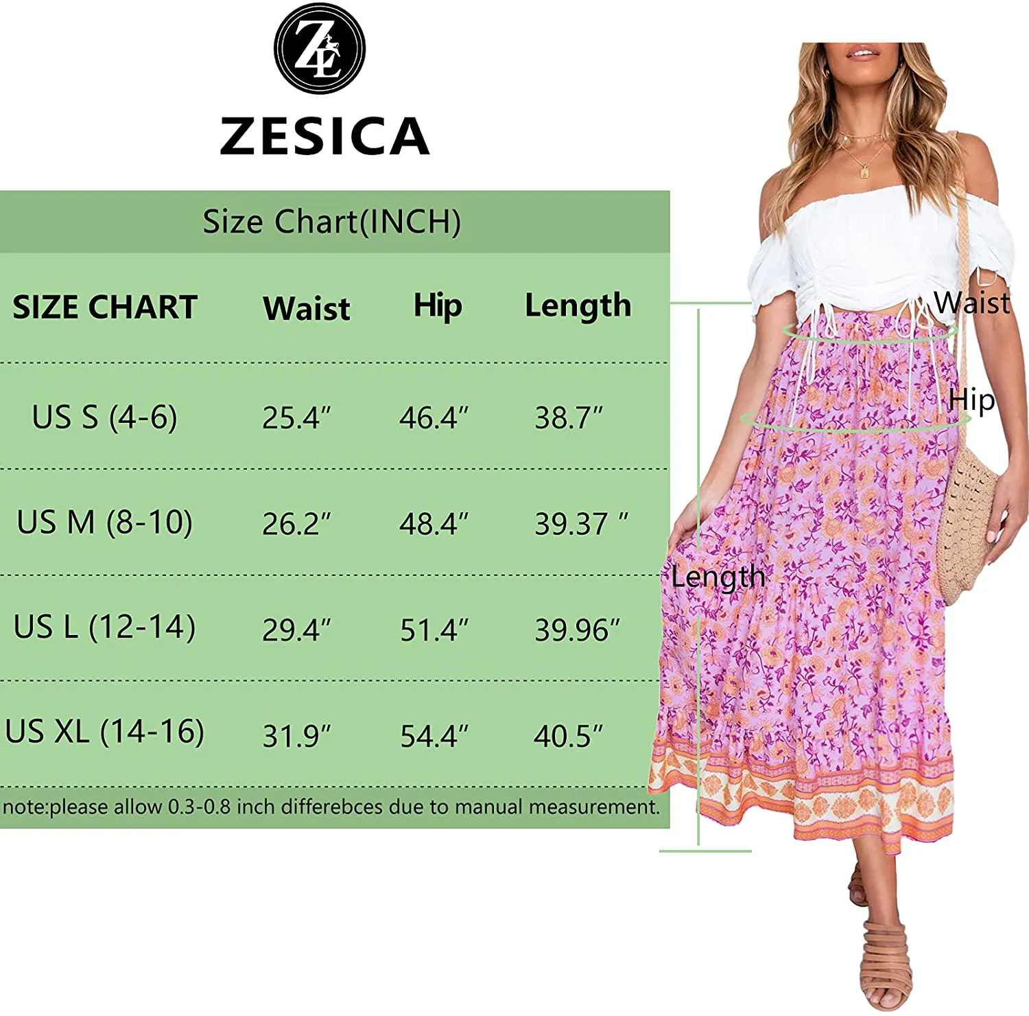 ZESICA Women's Bohemian Floral Printed Elastic Waist A Line Maxi Skirt with Pockets