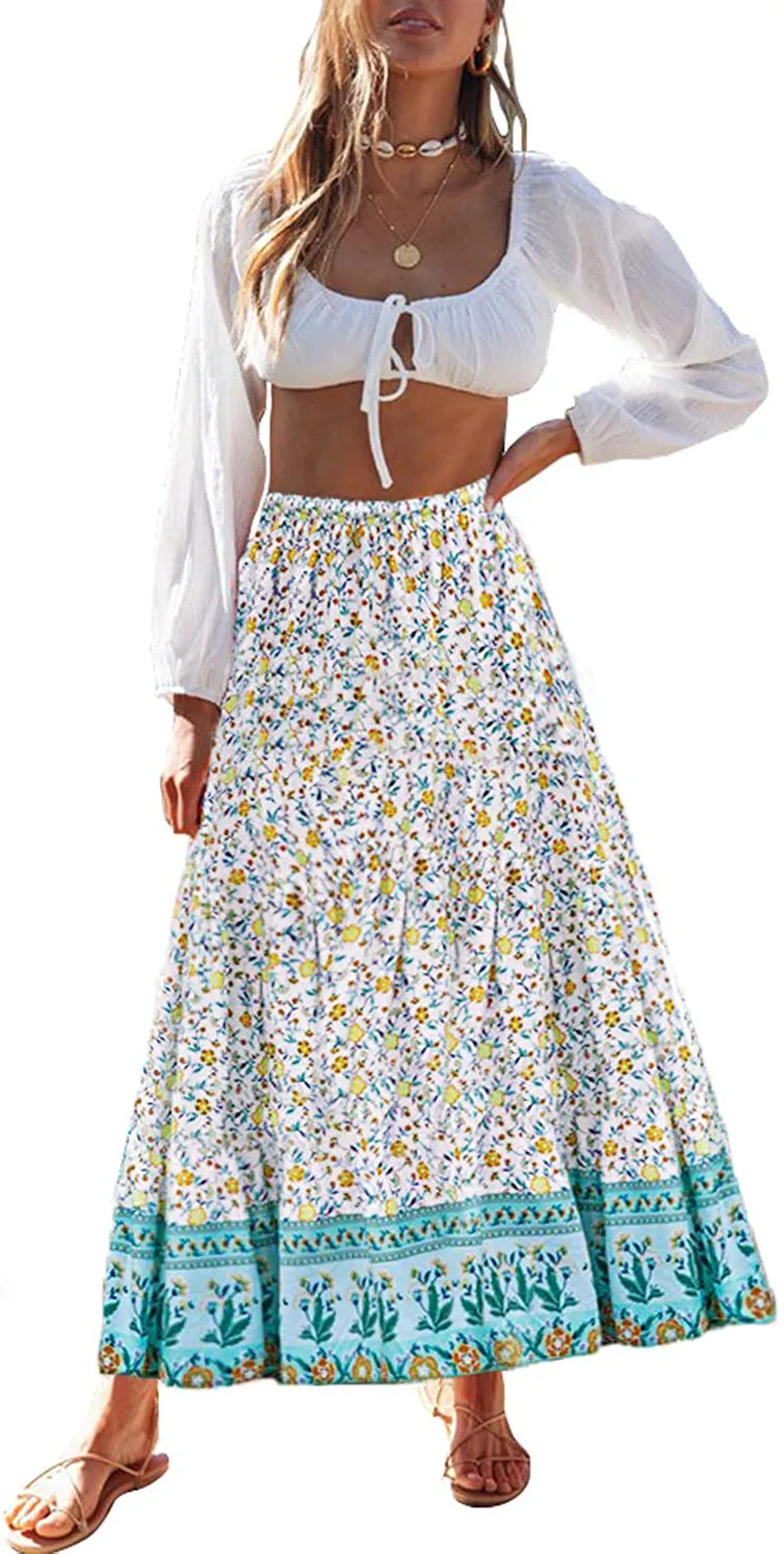 ZESICA Women's Bohemian Floral Printed Elastic Waist A Line Maxi Skirt with Pockets