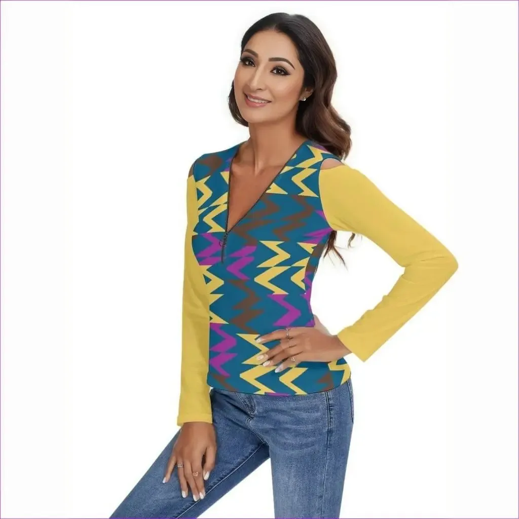 Zig & Zag Women's Cold Shoulder Half Zip V-Neck Blouse